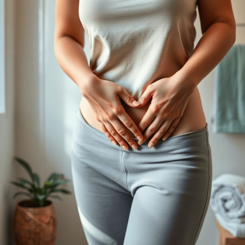 A woman holding her bladder, sign of a type of incontinence